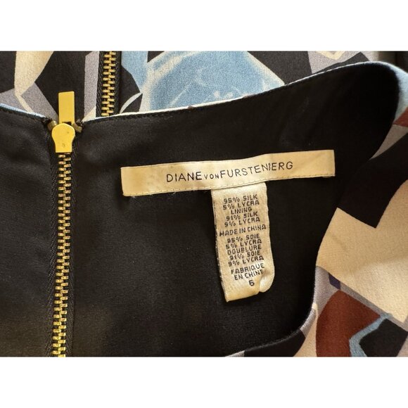 Diane Von Furstenburg Dress 6 Stretch Silk Blue Maroon Pockets Sleeveless Summer - Picture 8 of 11